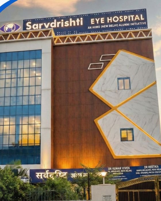 Sarvdrishti Eye Hospital building in Patna at dusk, with its sign lit up