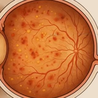 Drawing of the retina at the back of the eye, dotted with small bleeds and yellow spots from diabetes